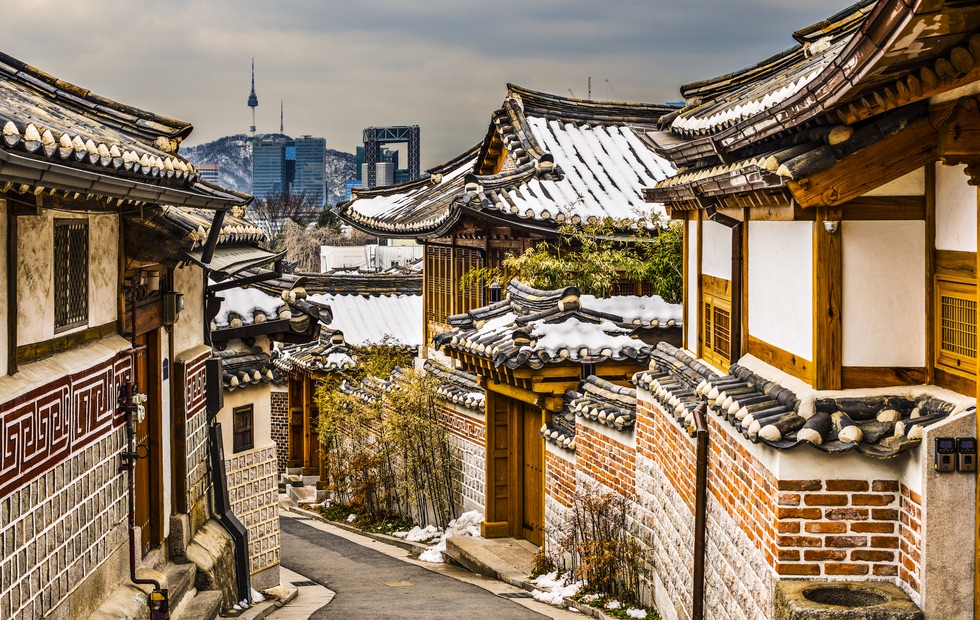 Bukchon Hanok Village in Seoul with N Seoul Tower behind