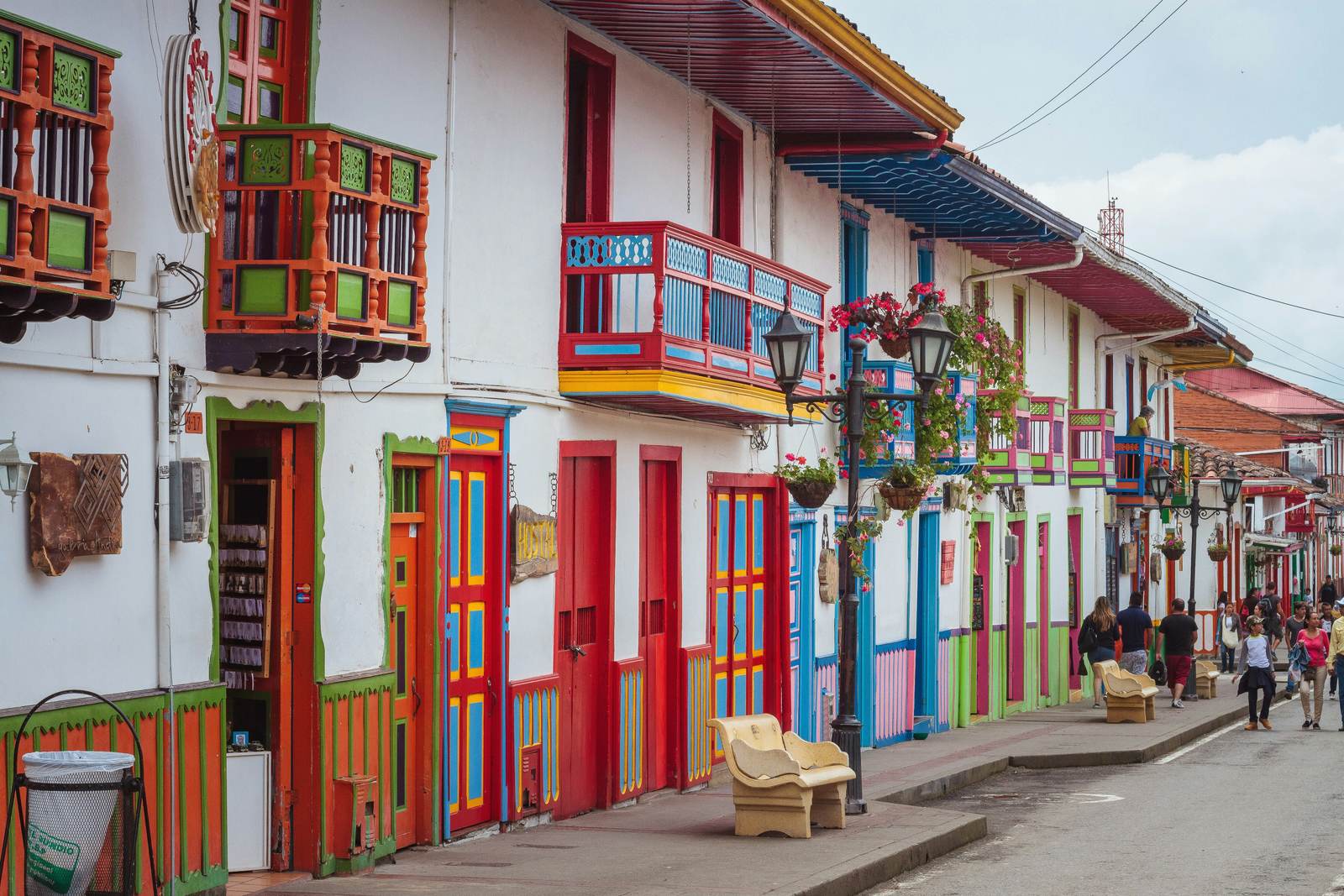 Colourful colonial street with painted balconies in Salento, teach English in Colombia