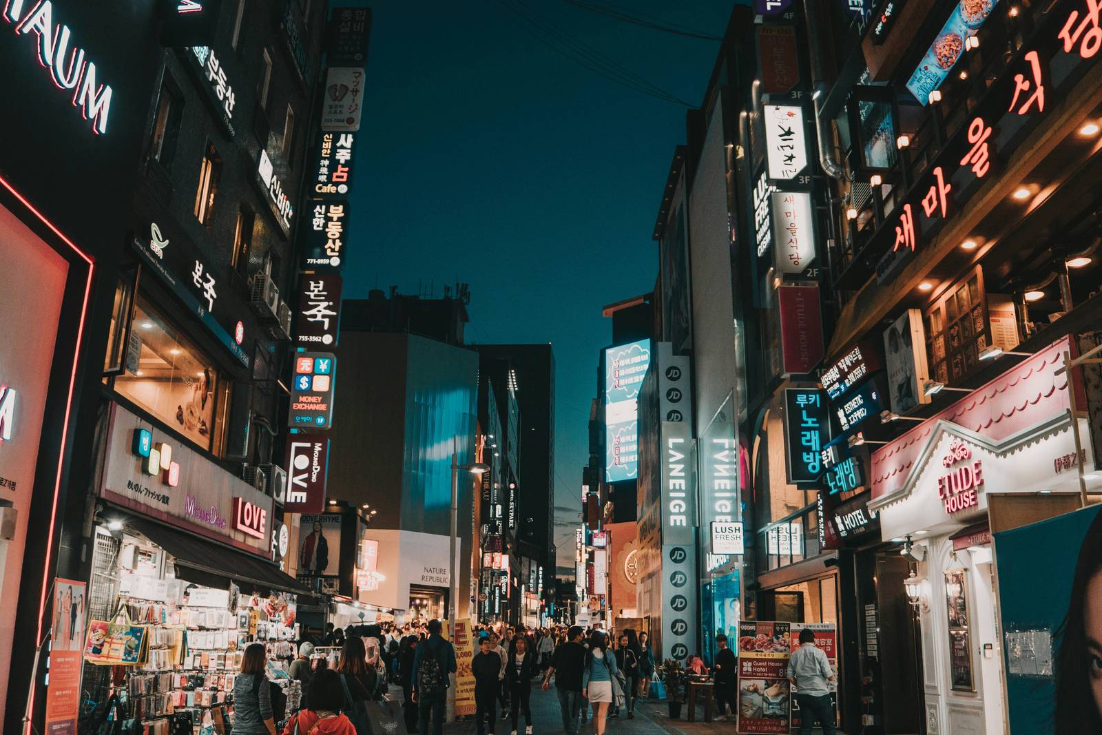 Myeongdong shopping street in Seoul at night